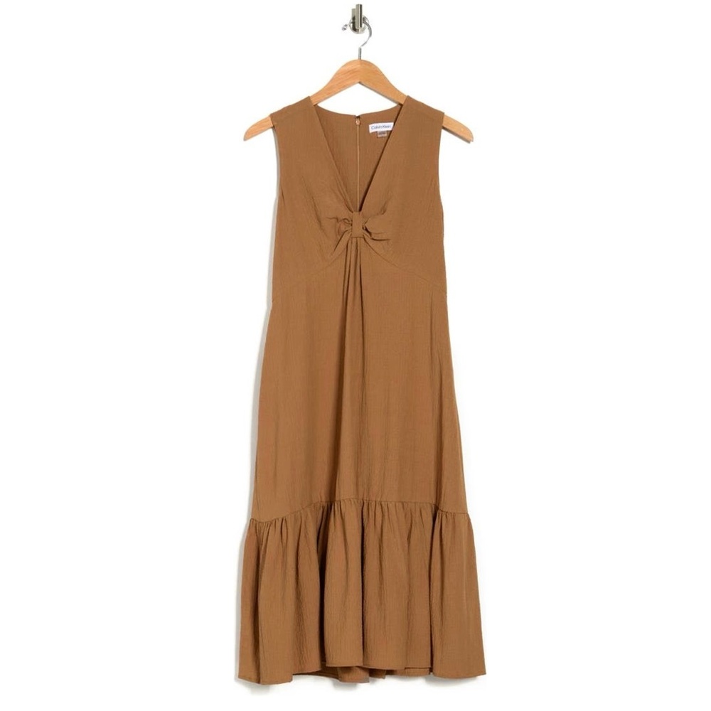 CALVIN KLEIN Gauze Knot Front Sleeveless Midi Dress In Luggage Women's Size 10